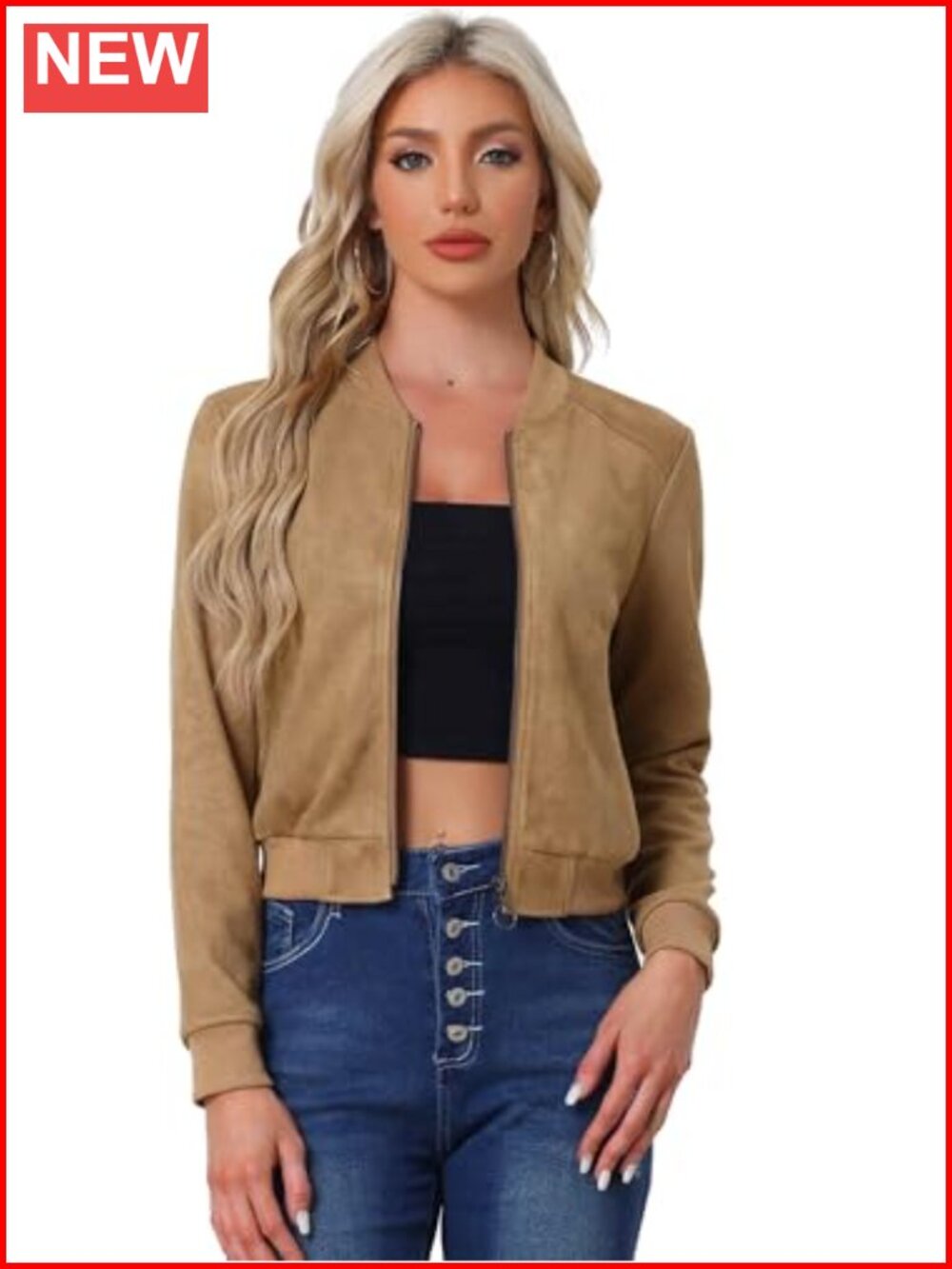 Faux Suede Stand Collar Zip Up Cropped Bomber Jacket